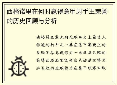 西格诺里在何时赢得意甲射手王荣誉的历史回顾与分析