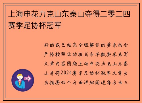 上海申花力克山东泰山夺得二零二四赛季足协杯冠军 上海申花力克山东泰山夺得二零二四赛季足协杯冠军