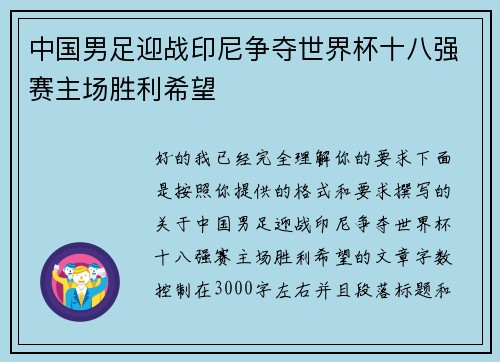 中国男足迎战印尼争夺世界杯十八强赛主场胜利希望