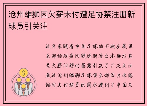 沧州雄狮因欠薪未付遭足协禁注册新球员引关注