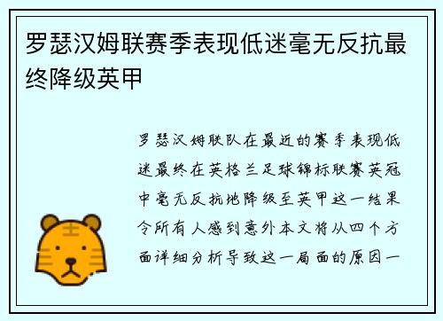 罗瑟汉姆联赛季表现低迷毫无反抗最终降级英甲