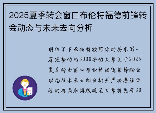 2025夏季转会窗口布伦特福德前锋转会动态与未来去向分析